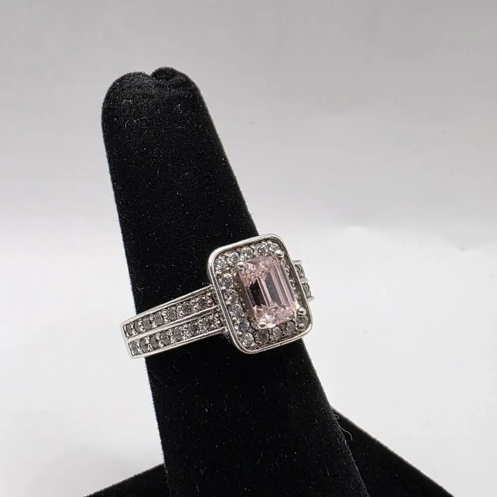 Sterling Silver 925 Pink Tourmaline & White Cubic Zirconia Ring Size 6